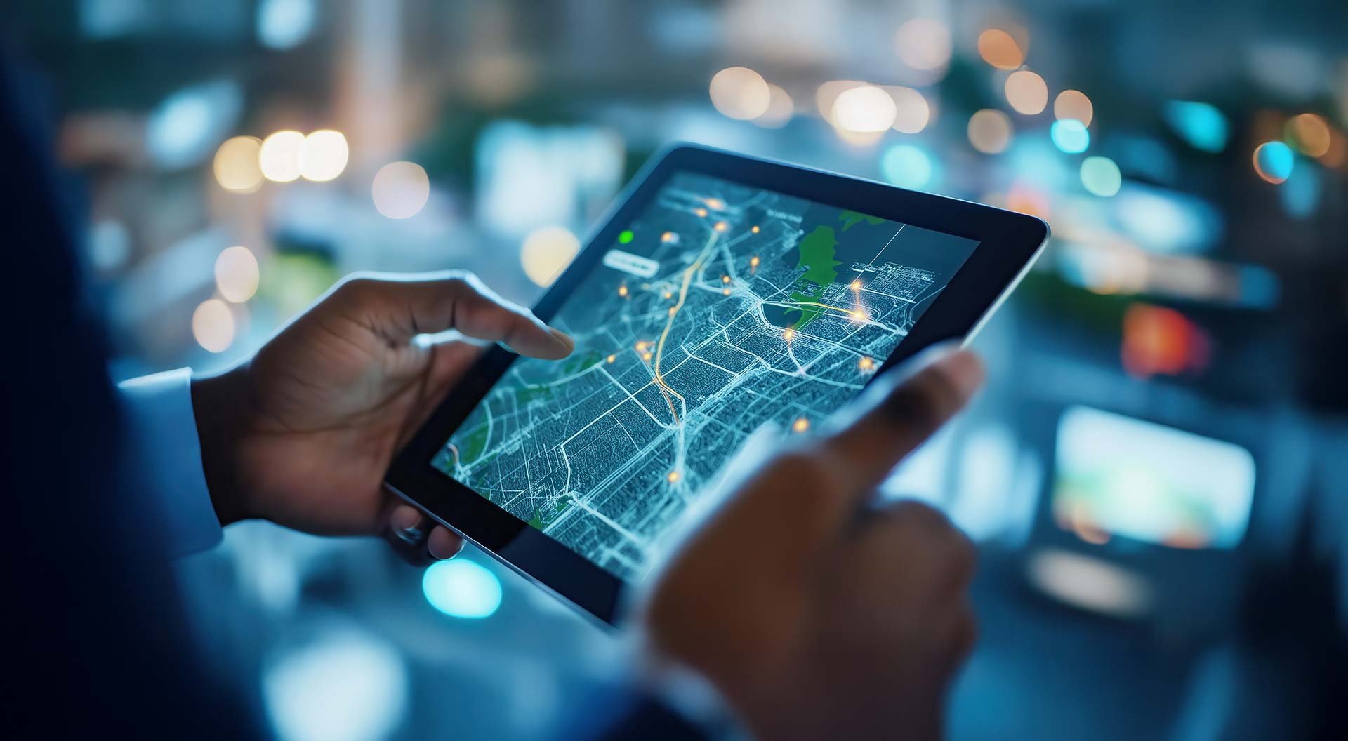 Engineer reviewing a live city coverage map on a tablet in the field