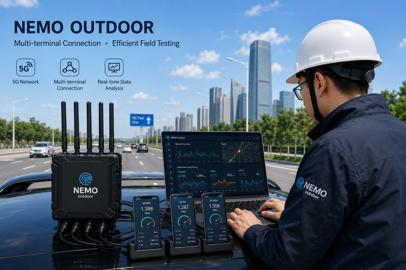 Nemo Outdoor 5G field testing setup with engineer, laptop and multi-terminal devices